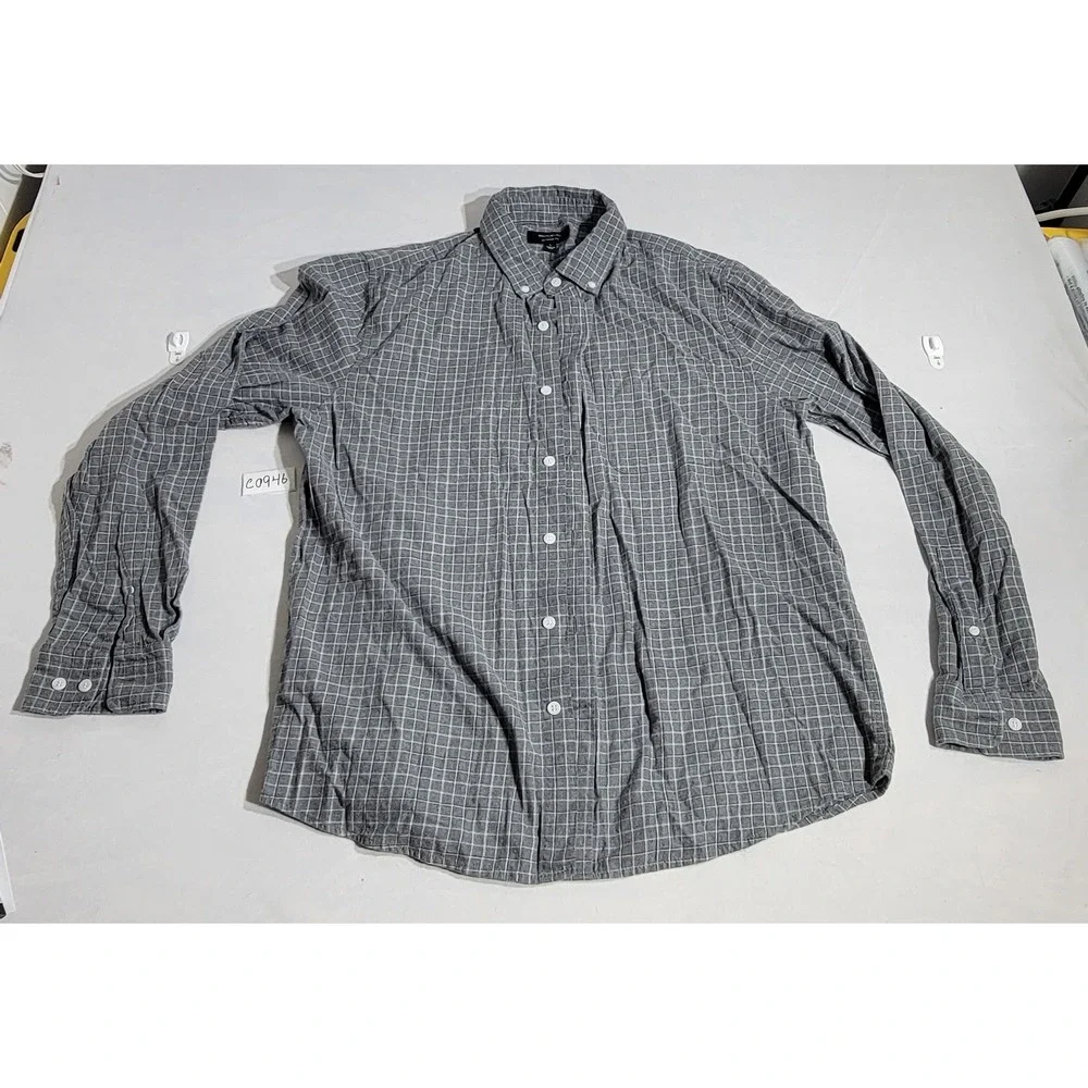 Banana Republic Mens Untucked Fit Grey Grid Cotton Button Down Shirt Large